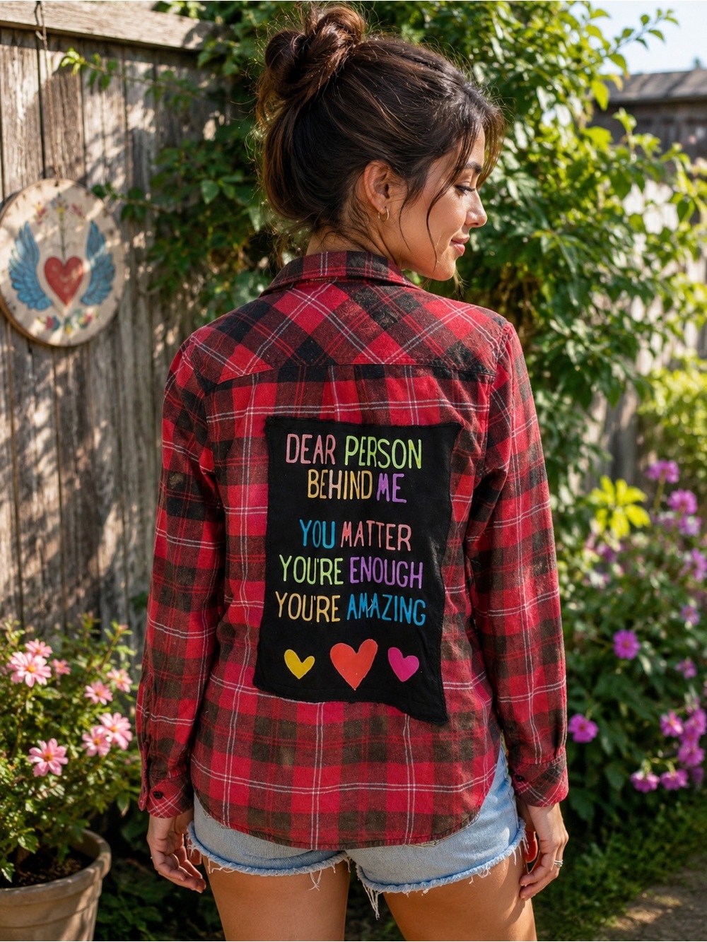 Inspirational Back Patch Red & Black Plaid Handcrafted Flannel W Size Small
